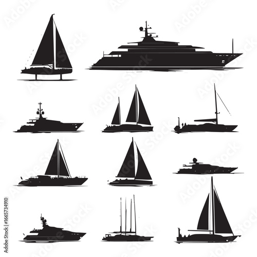Vector illustration of yacht silhouette set, Black & White silhouette set