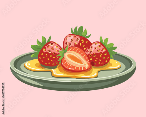 Fresh red strawberries served on a simple plate with sweet honey drizzle and a halved berry - Vector Illustration