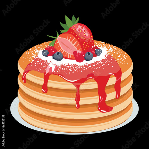 Golden pancake stack with fresh strawberries, powdered sugar, and a sweet syrup drizzle, a perfect treat - Vector Illustration

