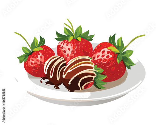 Delicious Chocolate Covered Strawberries on a Plate - Vector Illustration

