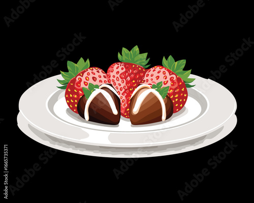 Chocolate Covered Strawberries on a Plate with a Drizzle - Vector Illustration

