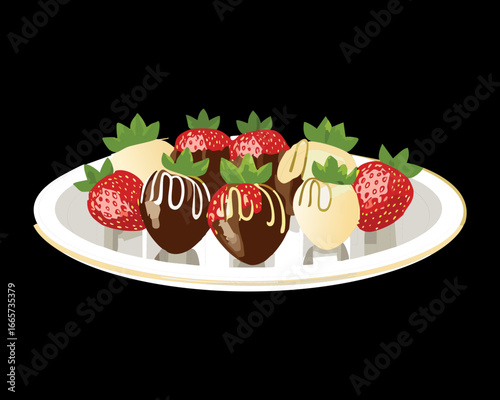 Chocolate Covered Strawberries on a Plate with Mint Garnish - Vector Illustration

