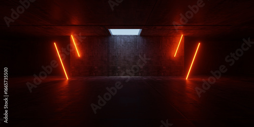 Sci Fi Industrial Garage Tunnel With Futuristic Structure Elements Glowing Neon Beams Reflected on Cement Concrete Surface Interior Perspective 3D Rendering