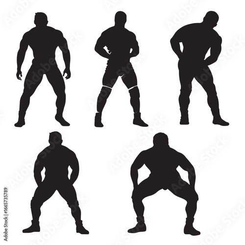 Vector illustration of wrestler silhouette set, Black & White silhouette set