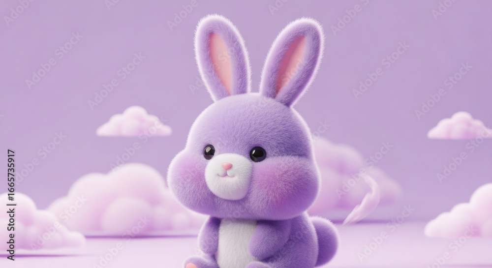 Obraz premium A stylized, plush bunny character sits sweetly against a backdrop of soft pink clouds and a lavender ground