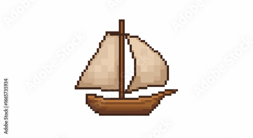 Pixel art illustration of a small wooden sailboat with a single mast and beige sail, depicted against a white background.