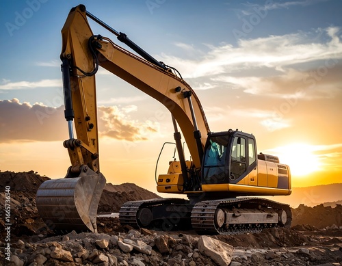 Excavator at sunset over a construction site (1)