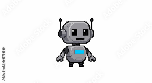Cute pixel art robot character with antennas and a blue screen on its chest, standing on a white background.