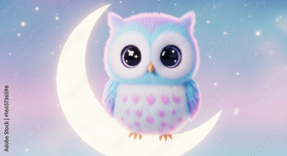 Obraz premium Adorable, pastel owl sitting on a glowing crescent moon in a dreamy, starry sky