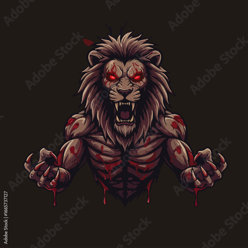 An enraged lion-like creature with exposed muscles, dripping blood, and glowing eyes.