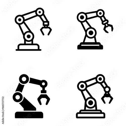 Four industrial robotic arms displayed in a grid pattern on a white background on transparent background