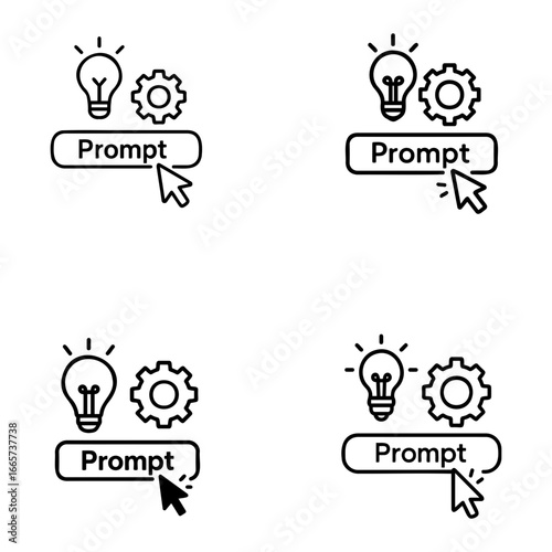Four instances of prompt buttons with lightbulbs and gears in black on transparent background