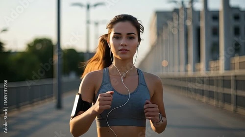 A woman jogging outdoors, enjoying a brisk workout on a city bridge.