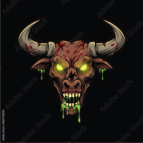 Illustration of a menacing zombie bull head with glowing yellow eyes and dripping green slime, set against a black background.