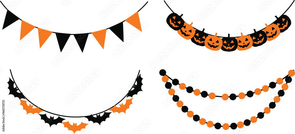 Obraz premium Halloween Party Bunting And Garland Decorations Pumpkin Bat And Triangle Flags vector illustration