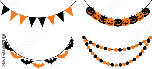 Halloween Party Bunting And Garland Decorations Pumpkin Bat And Triangle Flags vector illustration