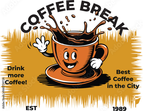Coffee Break Vector Illustration with Happy Cup Mascot and Splash Design