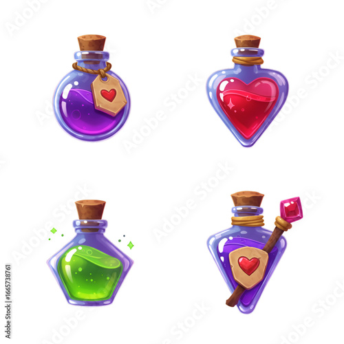 Cartoon Set Of Colorful Magic Potion Bottles On Transparent Background