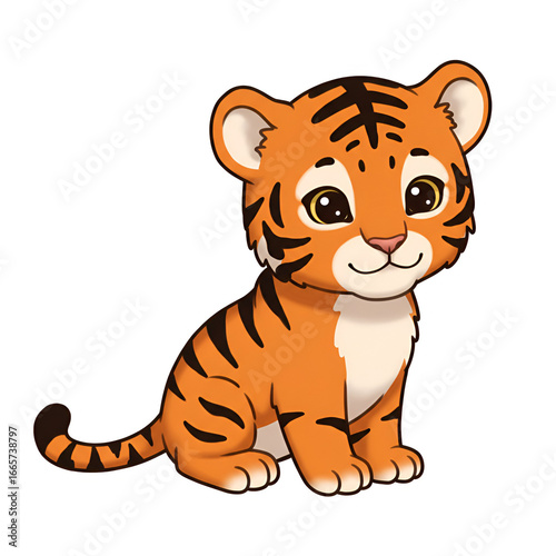 Cartoon Tiger Cub Sitting With Orange Fur and Black Stripes Illustration Isolated