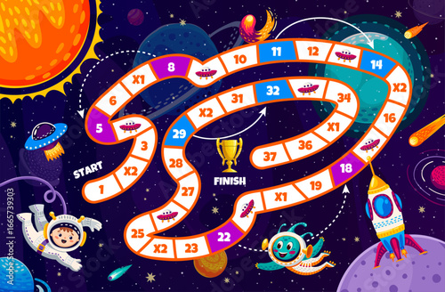 Kids space board step game. Vector interactive worksheet riddle with a winding path, cartoon funny aliens, astronauts, and trophy. Galactic quiz for children and family play sessions, and fun learning