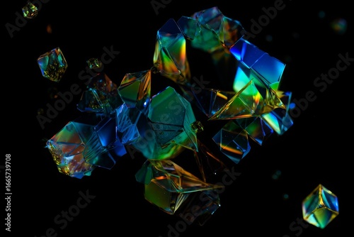 Wallpaper Mural Abstract Geometric Shapes with Iridescent Colors on Black Background: Cubes, Prisms, Polyhedrons Torontodigital.ca