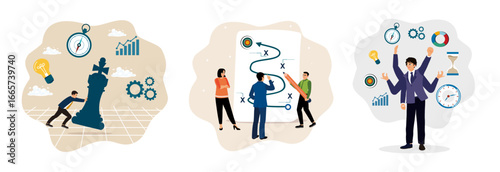 Business teams plan strategies, manage efficiency and productivity to achieve success.