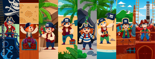 Cartoon kid pirate and corsair character collage. Funny boys and girls pirates vector personages on treasure island and corsair ship with captain hats, swords and guns, sailor bandana, eye patch, flag