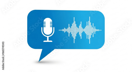Modern speech bubble with microphone and audio wave visualization, symbolizing voice recording, sound capture, and digital communication technology for interactive content and messaging apps