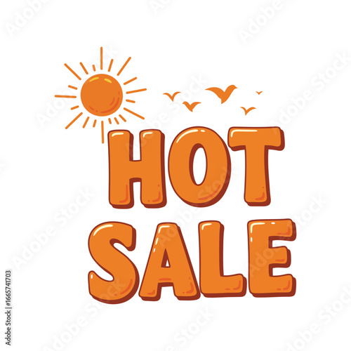 Hot sale summer sun illustration bright orange text birds flying retail promotion