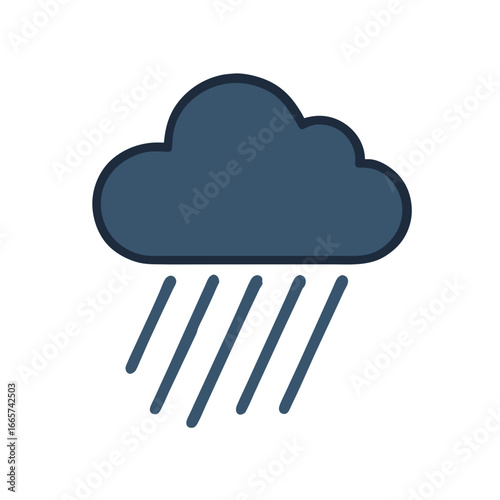 Dark blue rain cloud icon with raindrops isolated on white background for weather forecast