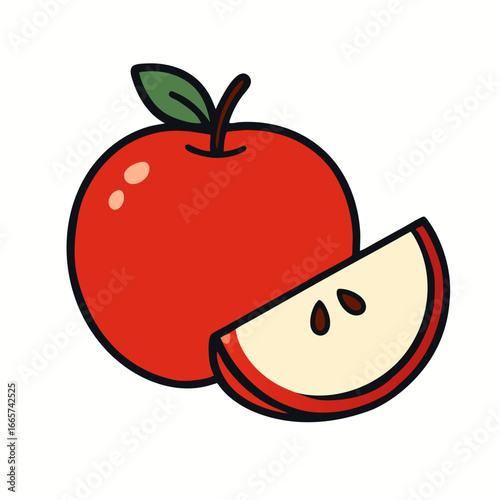 A vibrant cartoon illustration of a whole red apple with a green leaf and a sliced piece beside it on a clean white background for healthy food concepts