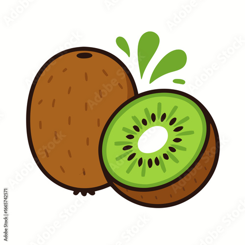 Fresh kiwi fruit cut in half with juice splashing out on white background for healthy snack or ingredient concept