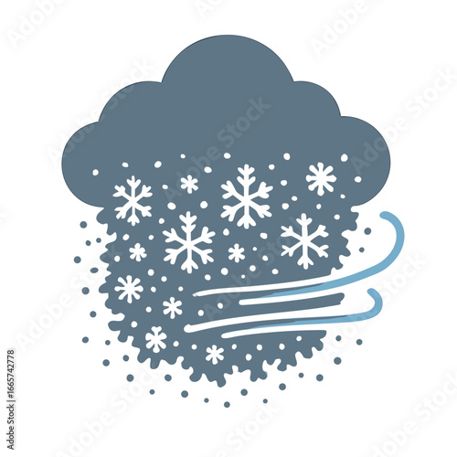 Snowstorm weather icon with snowflakes and wind blowing, representing winter climate and meteorology in a stylized illustration.