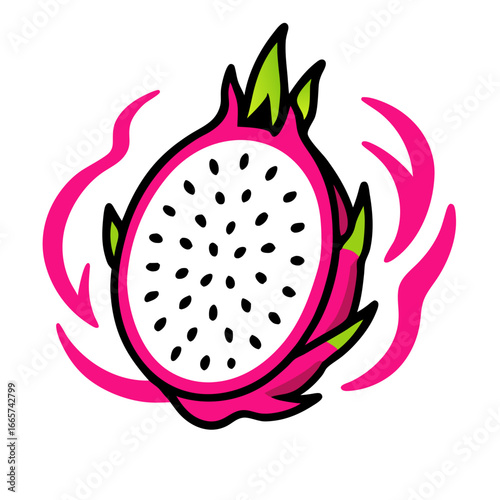 Vibrant pink dragon fruit with green leaves and flames on white background for food and beverage advertising