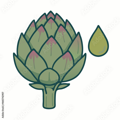Vibrant artichoke illustration with pink tips and a single oil drop on white background for healthy food and nutrition concepts