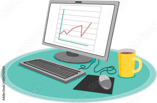 This image shows a desktop computer setup with a monitor displaying a line graph. In front of the monitor, there is a keyboard, a mouse on a mouse pad, and on the right side, a yellow coffee mug. 