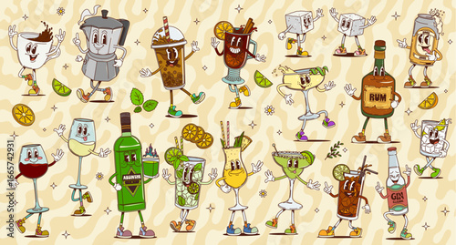 Cartoon retro groovy alcohol drinks and cocktails characters. Vector personages of funny hippie espresso and bubble tea cups, beer can, gin and tonic. Groovy mojito, margarita and daiquiri cocktails