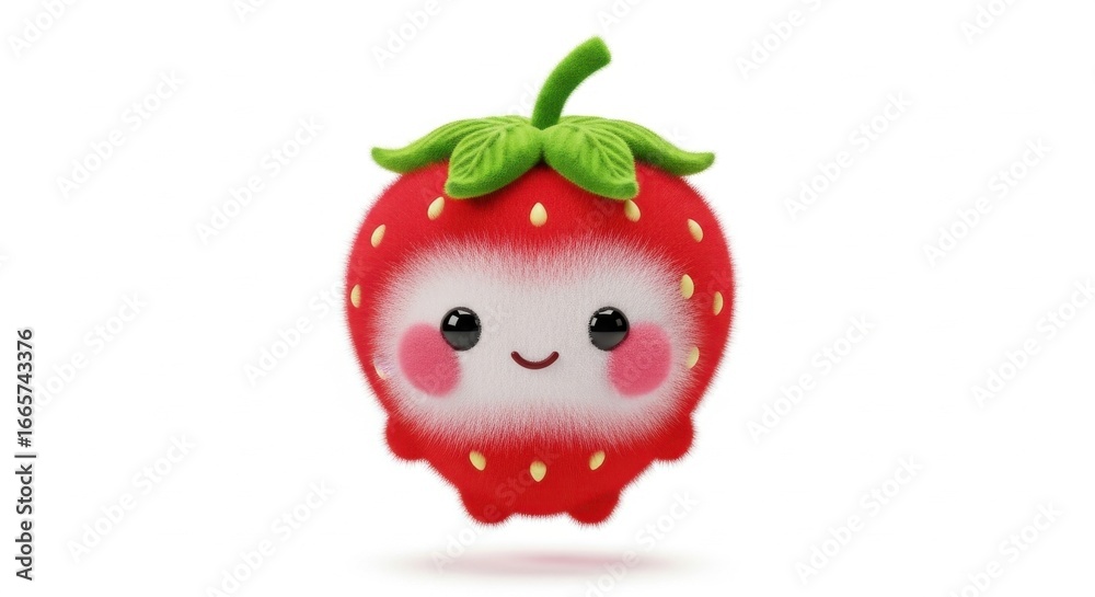 Obraz premium Fluffy red strawberry cartoon character with green leaves, seeds, rosy cheeks, and cute face on a white background
