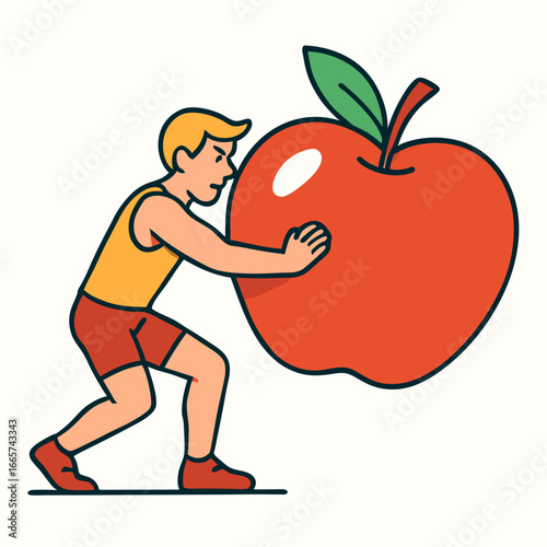 Cartoon man in athletic wear pushing large red apple across white background with determination and effort