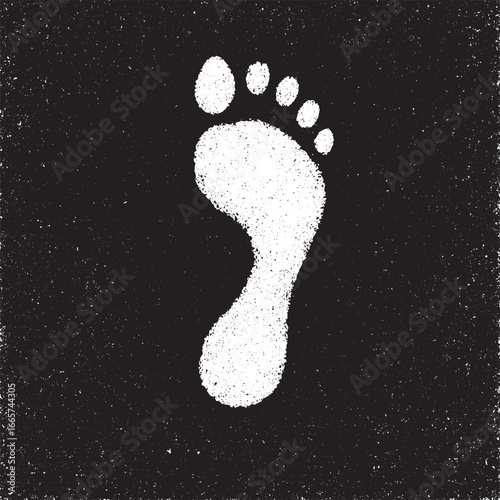 Abstract grunge style footprint design in black and white. Distressed texture with bold minimal look, symbolizing step, journey, path, trail, identity, or environmental concept.