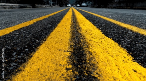 A road with double yellow lines stretches into the distance cars visible far off