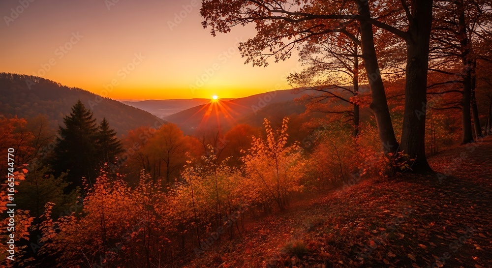 Fototapeta premium Autumn Sunrise Mountain Valley Landscape.