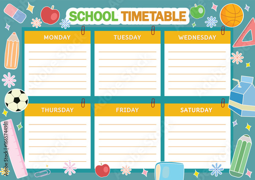 School timetable template and planner design with supplies.
