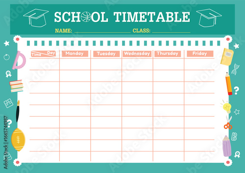 School timetable template and planner design with supplies.