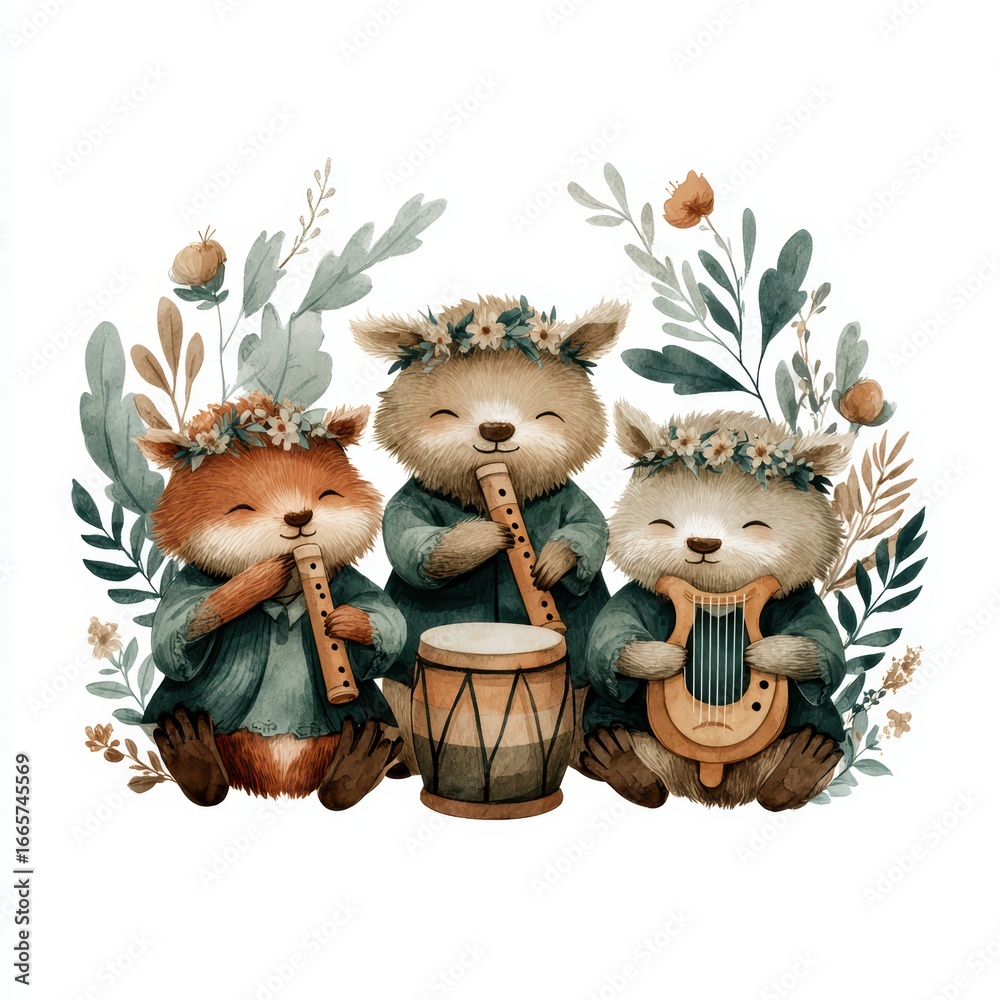 Naklejka premium Adorable Woodland Creatures Playing Music with Instruments in Nature