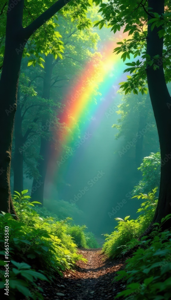 Obraz premium Vibrant secondary rainbow arc over lush green canopy, beauty, vibrant colors