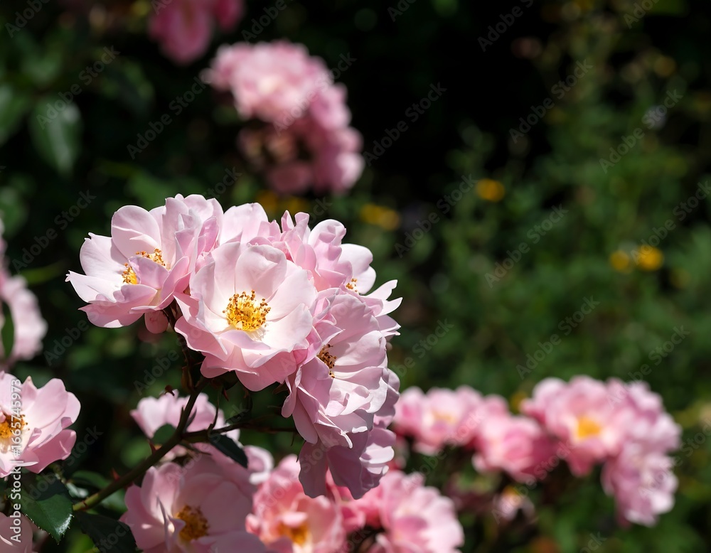 Fototapeta premium Soft pink rose blossoms cluster on a branch, sunlight illuminates petals, blurred green background
