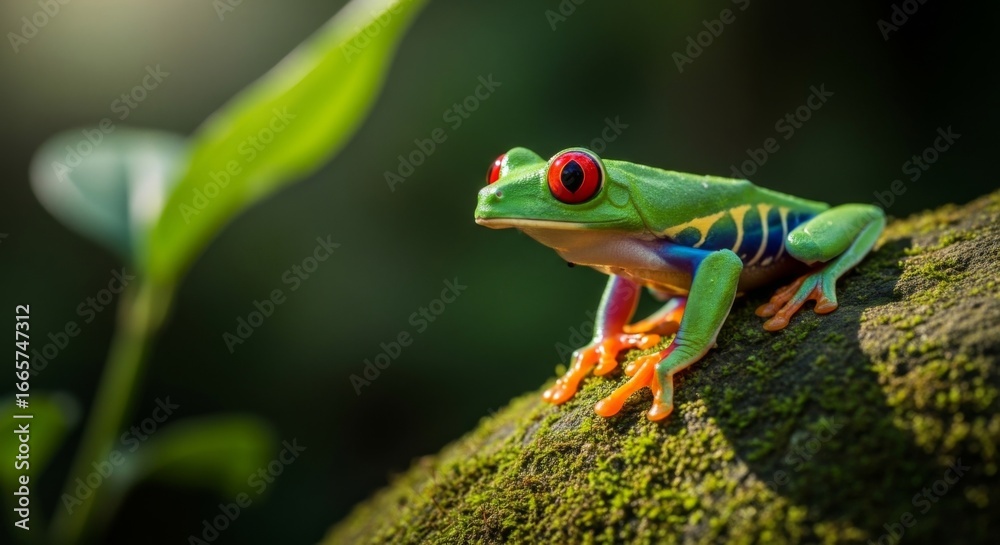 Obraz premium A vibrant red-eyed tree frog with striking green skin and colorful blue and yellow markings rests on a moss-covered branch in a lush, sun-dappled jungle environment.