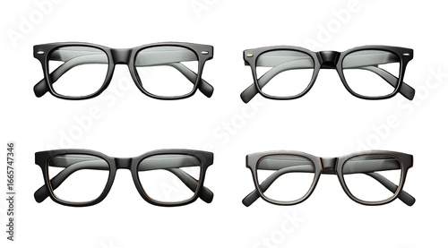 Four pairs of eyeglasses in various shades, displayed against a black background