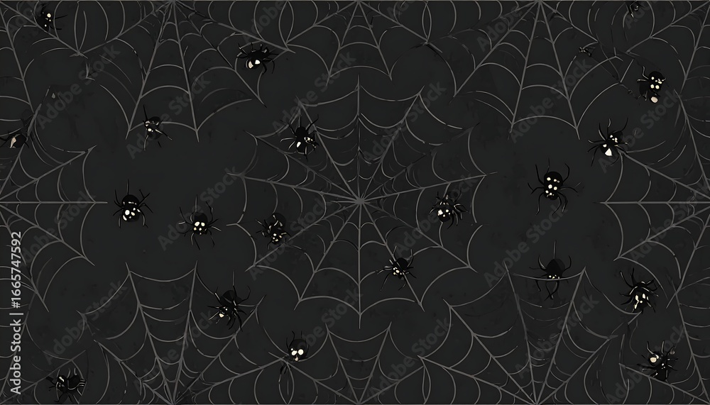 Dark background with spiderwebs and spiders